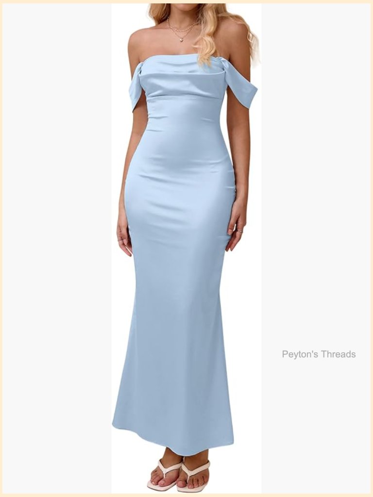 Off Shoulder Satin Maxi Dress Ruched Bodycon Long Formal Wedding Guest Dress